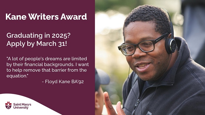 A poster to promote the 2025 Kane Writers Award application process. On the right is an image of Floyd Kane BA'92 on a film set. White text against a maroon background at left:  Kane Writers Award | Graduating in 2025? Apply by March 31!  