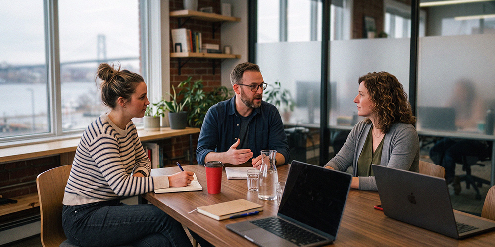 Three people having a meeting in an office.