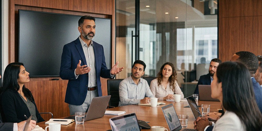 A man stands in a boardroom explaining something.