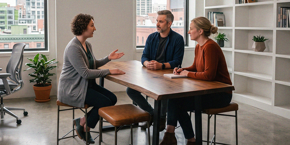 A manager explains something to two office staff.