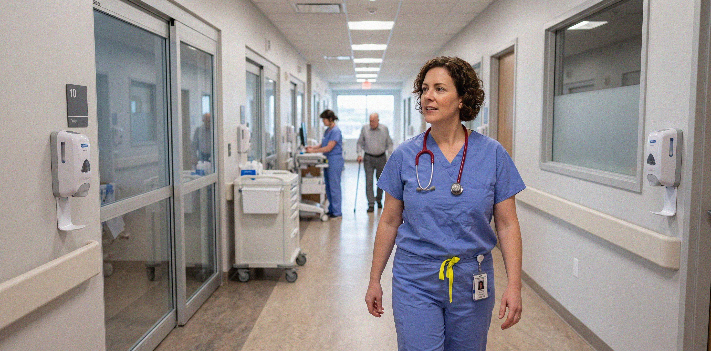 A healthcare professional walking down the hallway of a hospital.