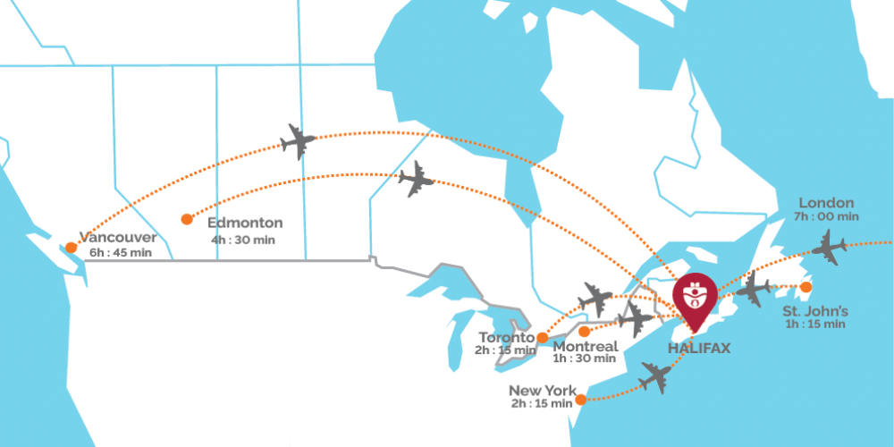 A map shows flight times from various cities to Halifax