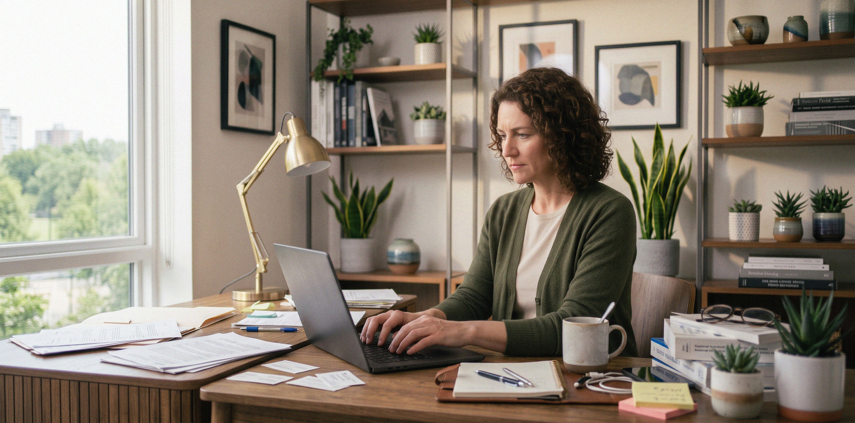 A woman working on a computer at a desk.